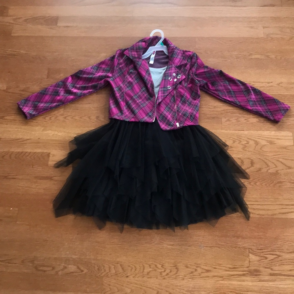 Purple and black jacket with gray and black dress